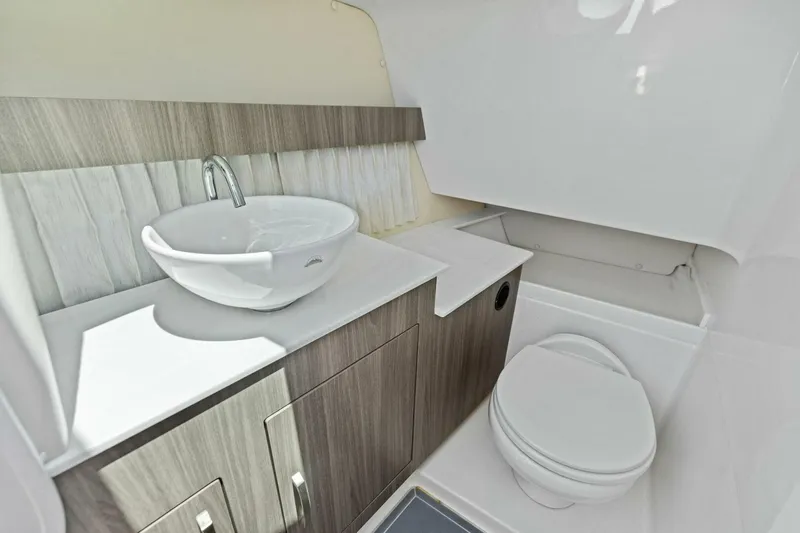  Yacht Photos Pics 2022 Regal 33 OBX boat bathroom with modern sink and toilet.