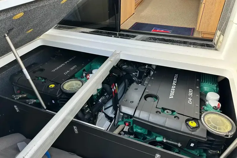 Bertie Yacht Photos Pics Engine compartment of 2024 Nimbus 405 Coupé with Volvo Penta D4-320 engines.