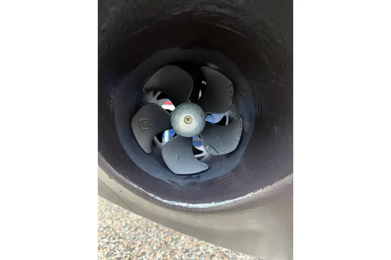 Bertie Yacht Photos Pics Close-up of a 2024 Nimbus 405 Coup&eacute; boat propeller.