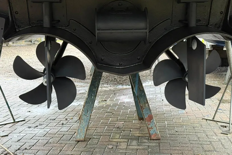 Bertie Yacht Photos Pics 2024 Nimbus 405 Coup&eacute; propellers on display, showcasing advanced marine engineering.