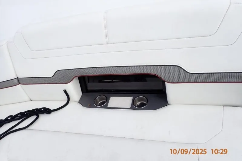  Yacht Photos Pics 2022 Formula 380 Super Sport Crossover OB boat interior with cup holders and white seating.