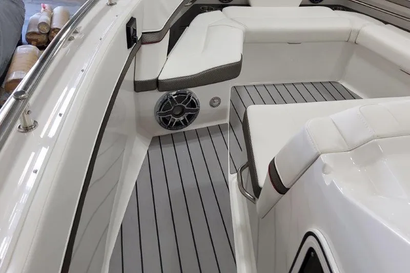  Yacht Photos Pics 2022 Formula 380 Super Sport Crossover OB interior with white seating and gray flooring.