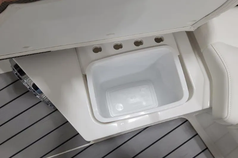  Yacht Photos Pics 2022 Formula 380 Super Sport Crossover OB boat interior with built-in storage compartment.