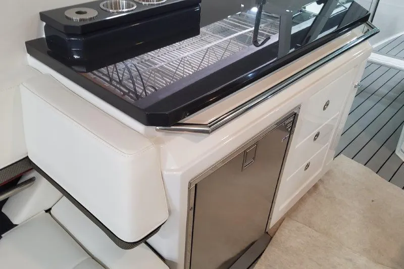  Yacht Photos Pics 2022 Formula 380 Super Sport Crossover OB interior with sleek cabinetry and modern design.