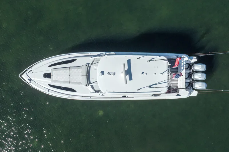 Patti Anne Yacht Photos Pics Aerial view of 2022 Intrepid 409 Valor boat on water.