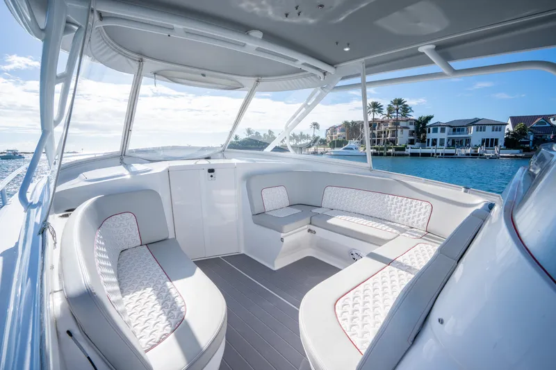 Patti Anne Yacht Photos Pics Luxurious 2022 Intrepid 409 Valor boat interior with waterfront view.