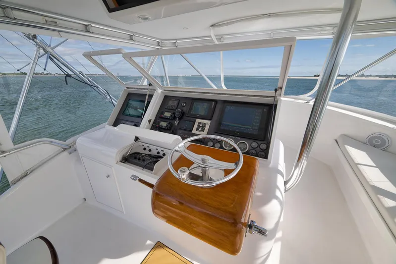 Decoy Yacht Photos Pics Helm of 2002 Paul Mann 60 Custom Carolina yacht with ocean view.