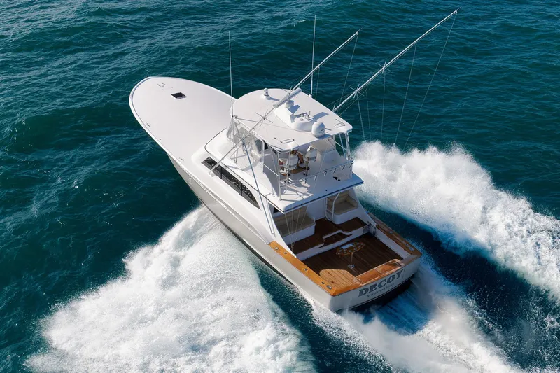 Decoy Yacht Photos Pics Aerial view of 2002 Paul Mann 60 Custom Carolina yacht cruising on ocean.