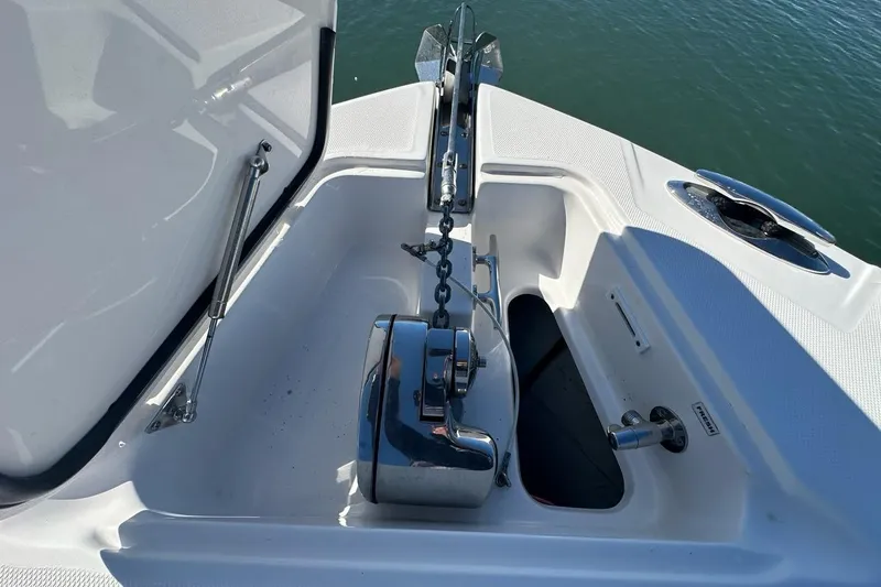  Yacht Photos Pics Anchor system on 2015 Edgewater 320CC boat, featuring a stainless steel windlass.