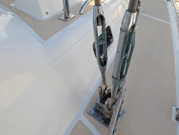 Ubiquitous Yacht Photos Pics Close-up of rigging hardware on a 2015 Outbound 46 sailboat deck.