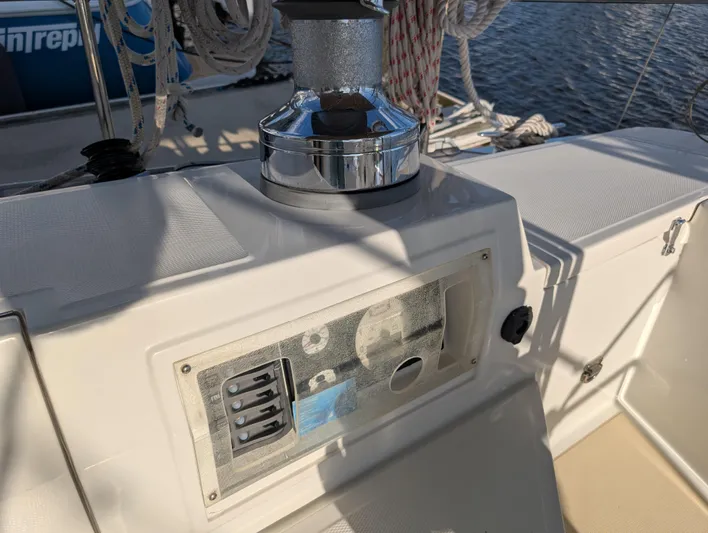 Ubiquitous Yacht Photos Pics Control panel and winch on a 2015 Outbound 46 sailboat deck.