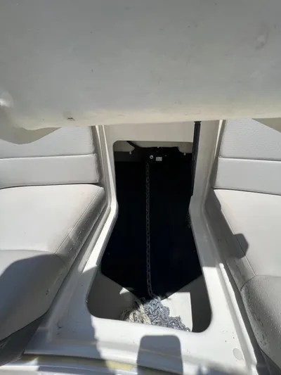  Yacht Photos Pics Interior view of a 2022 Sea Ray SLX 310 boat, featuring seating and storage area.