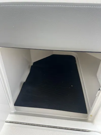  Yacht Photos Pics Storage compartment in 2022 Sea Ray SLX 310 boat, featuring a black mat interior.