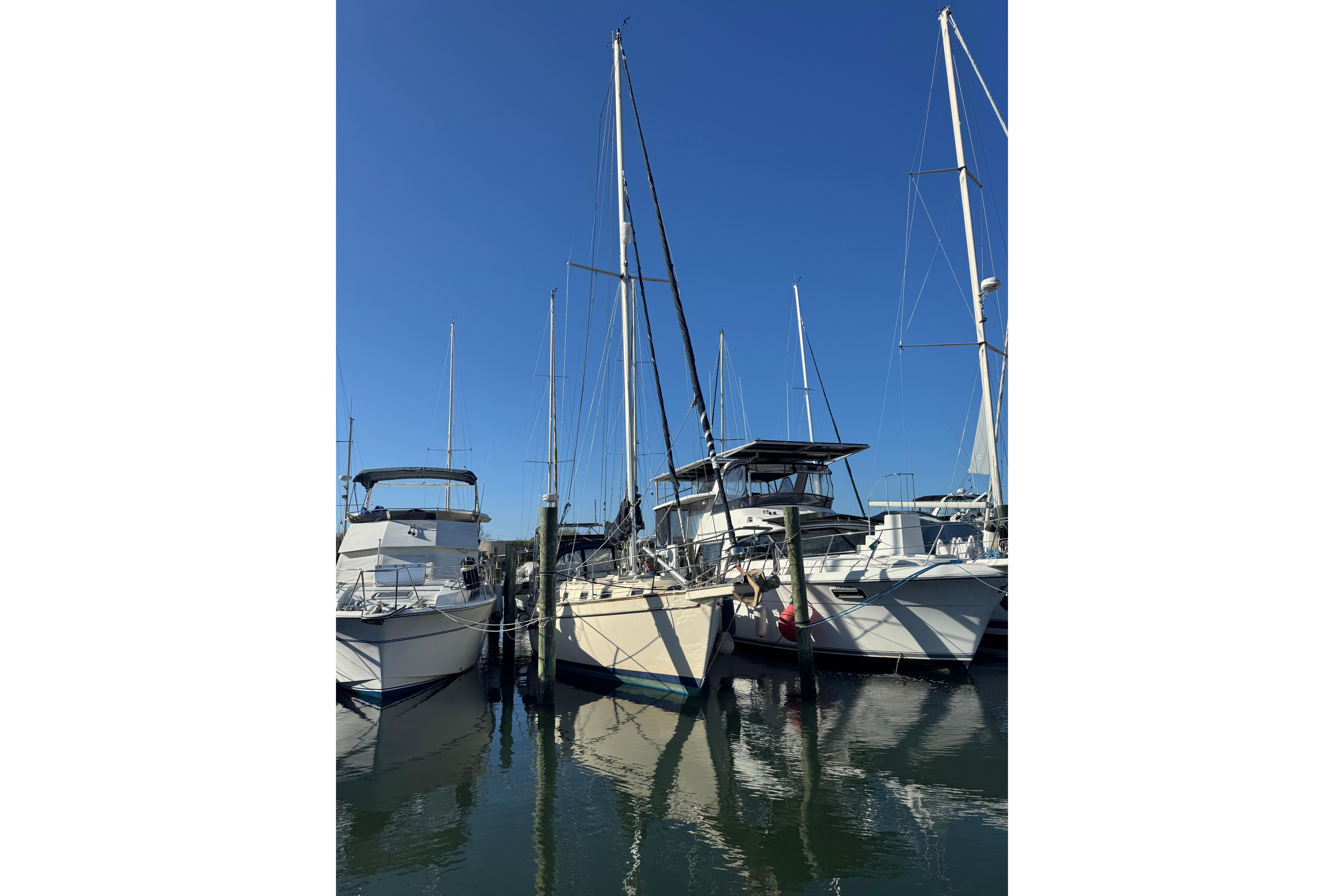 Sailboats docked at marina, featuring a 1991 Island Packet Yachts 38 under clear blue sky.