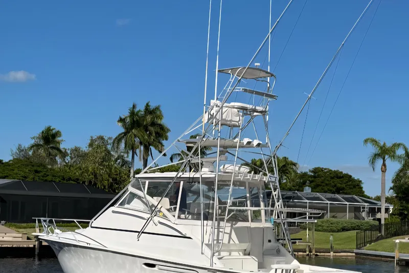  Yacht Photos Pics 1999 Ocean Yachts 40 Open boat docked, surrounded by palm trees and clear blue sky.