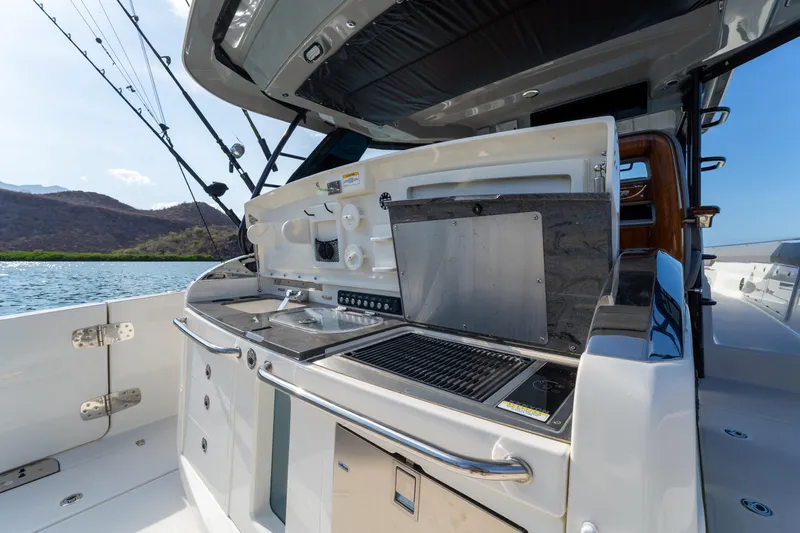 Fast Kash Yacht Photos Pics 2023 Boston Whaler 420 Outrage boat with outdoor kitchen and scenic water view.