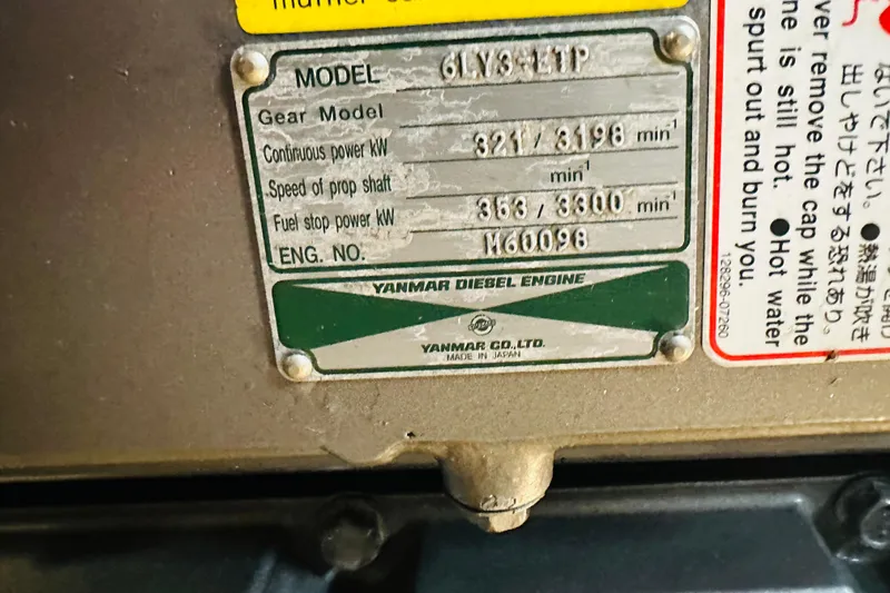 No Rush Yacht Photos Pics Yanmar diesel engine label on 2006 Sabre 42 Fly Bridge, model 6LY3-ETP.