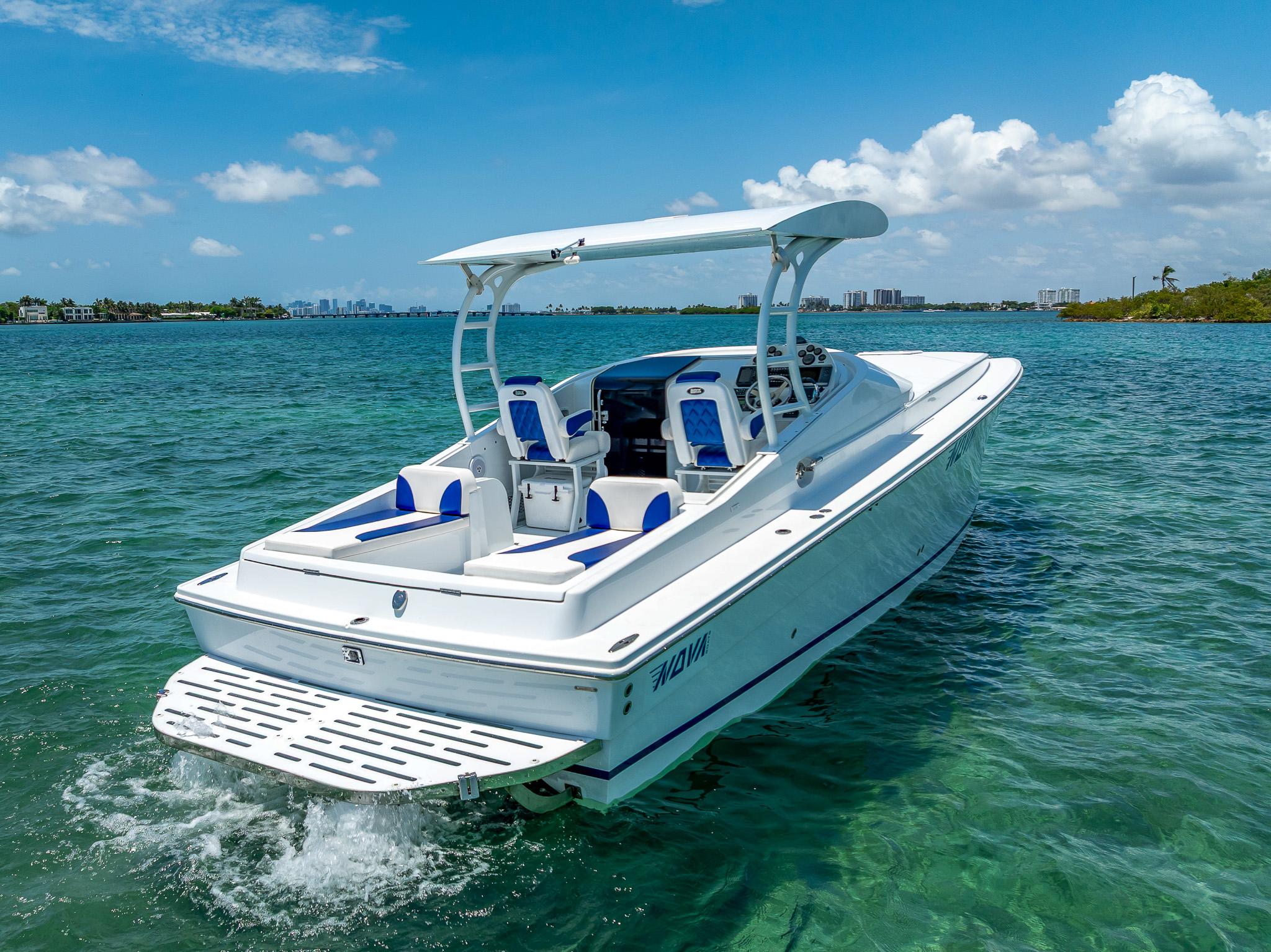 Nova 39 Sport 2020 boat cruising on clear blue water under a sunny sky.