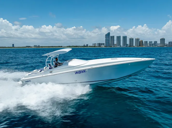  Yacht Photos Pics 2020 Nova 39 Sport boat cruising on ocean with city skyline in background.