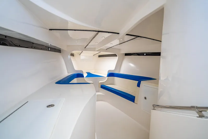  Yacht Photos Pics Interior of 2020 Nova 39 Sport boat, featuring sleek white and blue design.