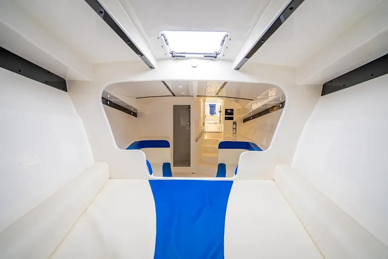  Yacht Photos Pics Interior of 2020 Nova 39 Sport boat, featuring sleek white and blue design.
