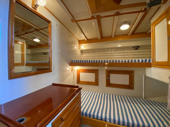 Windigo Yacht Photos Pics 1956 Hinckley ocean racer cabin with striped bedding and wooden accents.
