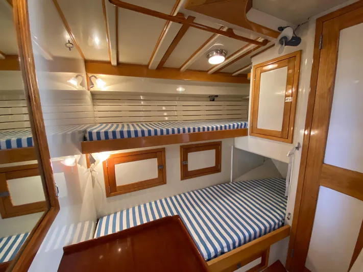 Windigo Yacht Photos Pics 1956 Hinckley ocean racer cabin with striped bedding and wooden accents.