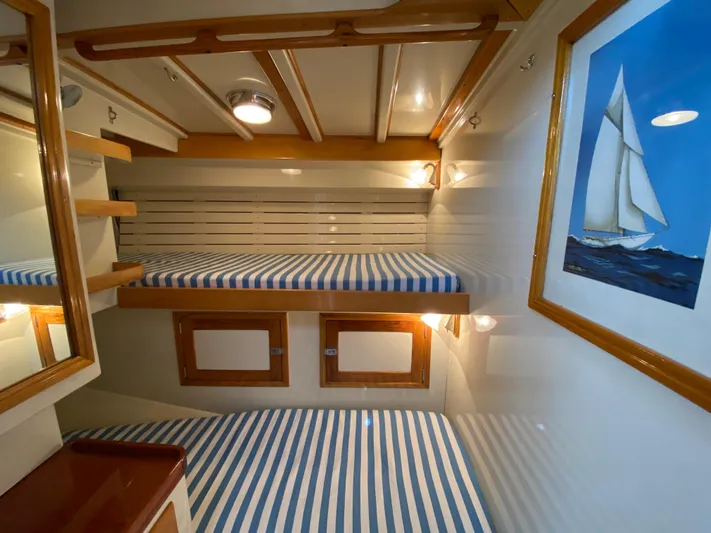 Windigo Yacht Photos Pics 1956 Hinckley ocean racer cabin with striped bedding and nautical artwork.