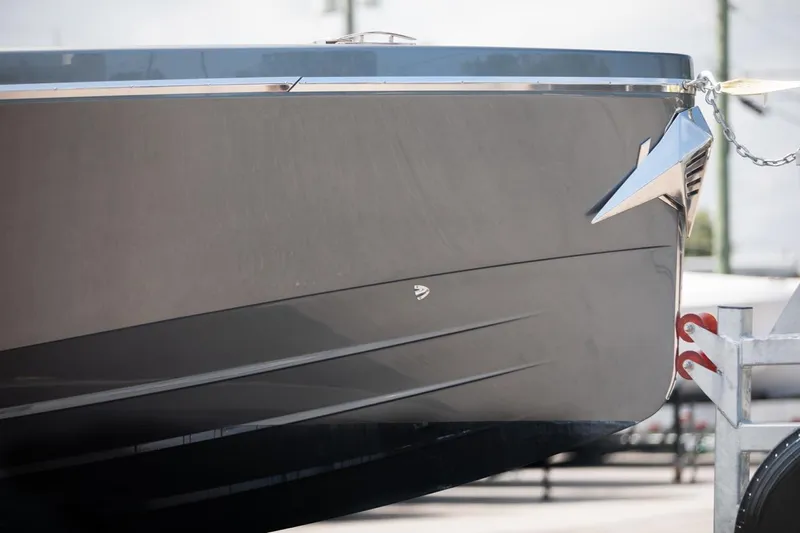  Yacht Photos Pics Close-up of 2020 Frauscher 1017 GT boat hull on trailer.
