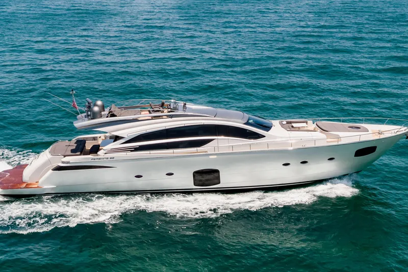 Double Or Nothing Yacht Photos Pics Luxurious 2017 Pershing 82 VHP yacht cruising on open sea.