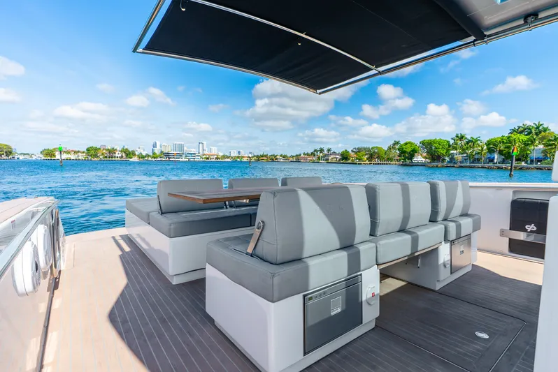  Yacht Photos Pics Luxury Pardo Yachts 43, 2021 model, with elegant seating and scenic waterfront view.