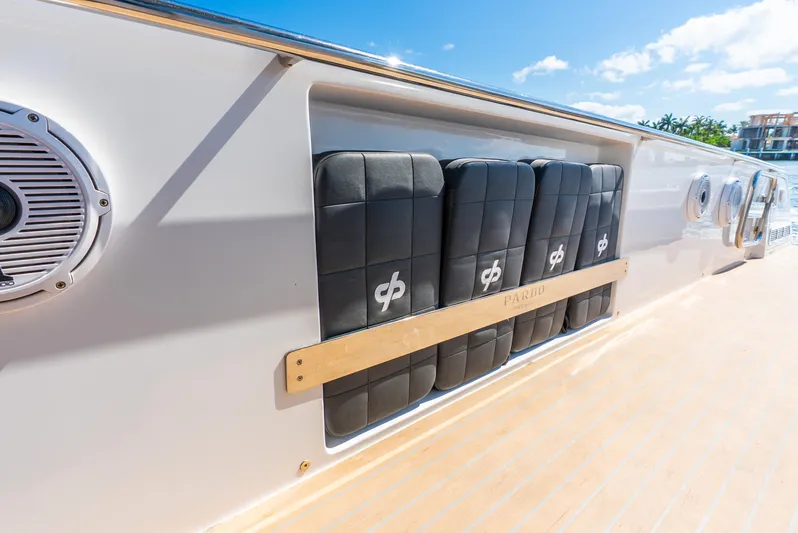  Yacht Photos Pics Pardo Yachts 43, 2021 model, deck cushions and speakers under clear blue sky.