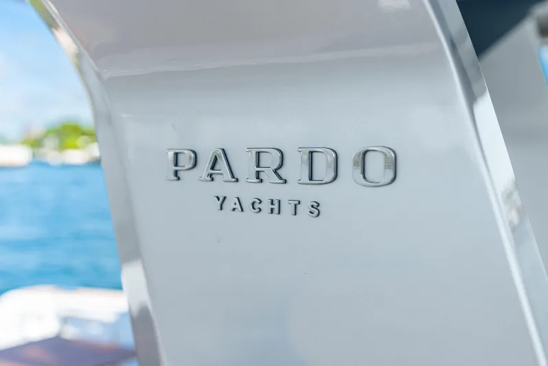  Yacht Photos Pics Pardo Yachts 43, 2021 model, logo detail with ocean background.