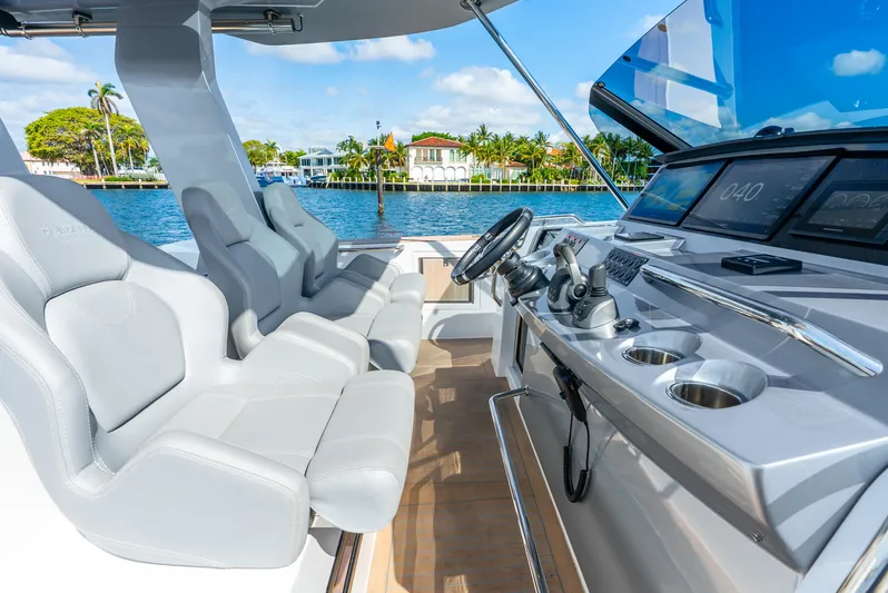  Yacht Photos Pics Luxury Pardo Yachts 43 cockpit with modern helm, 2021 model, scenic waterfront view.