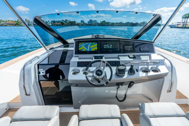  Yacht Photos Pics Cockpit of 2021 Pardo Yachts 43 with modern navigation system and steering wheel.