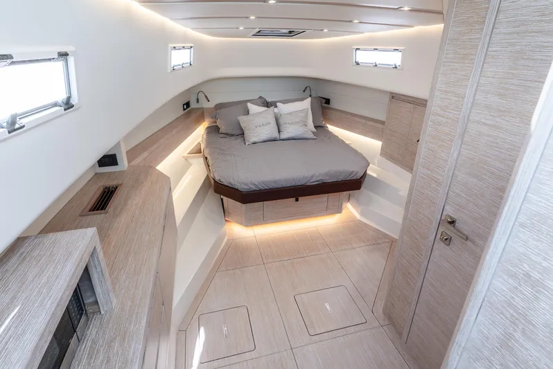  Yacht Photos Pics Luxurious interior of 2021 Pardo Yachts 43, featuring a modern bedroom design.
