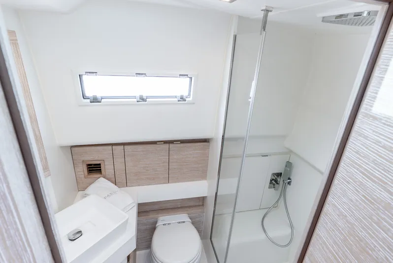  Yacht Photos Pics Modern bathroom in 2021 Pardo Yachts 43, featuring sleek design and shower.
