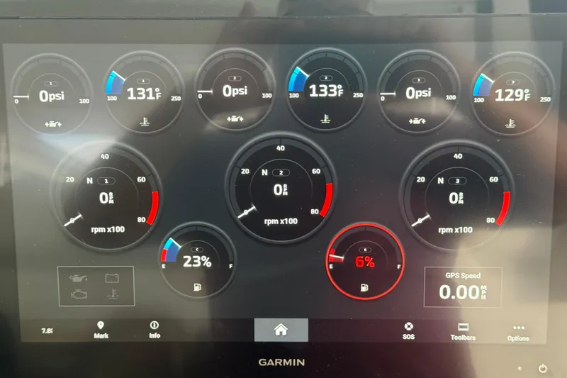  Yacht Photos Pics Dashboard display of 2023 Tiara Yachts 48 LS with various gauges and indicators.