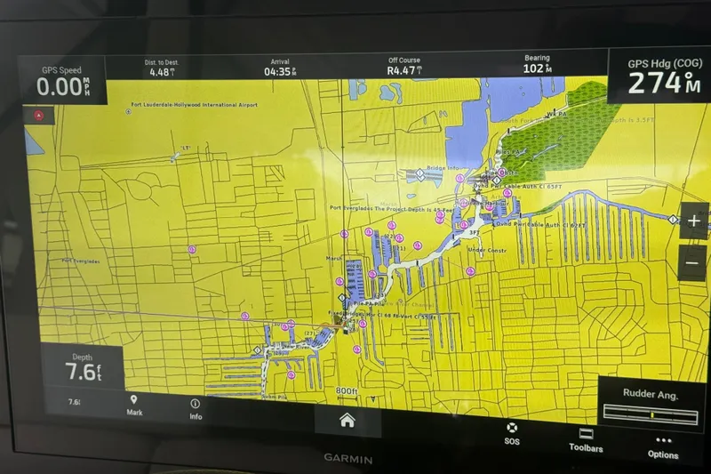  Yacht Photos Pics Garmin navigation display on 2023 Tiara Yachts 48 LS, showing Fort Lauderdale waterways.