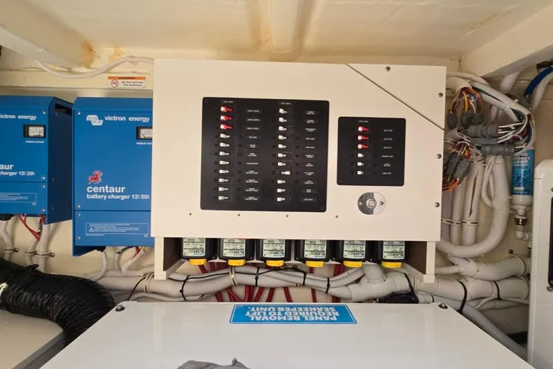  Yacht Photos Pics Electrical panel and battery chargers in 2023 Tiara Yachts 48 LS engine room.