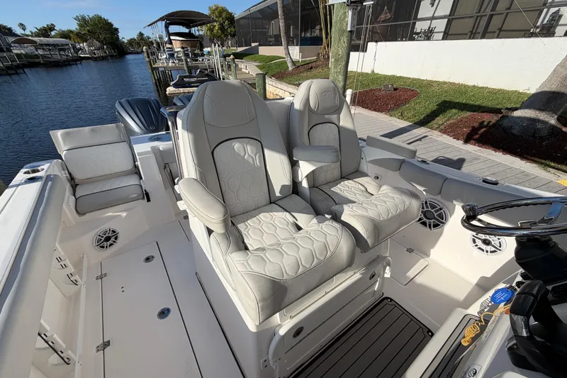  Yacht Photos Pics 2022 Sea Fox 288 Commander boat interior with luxurious seating and modern design.