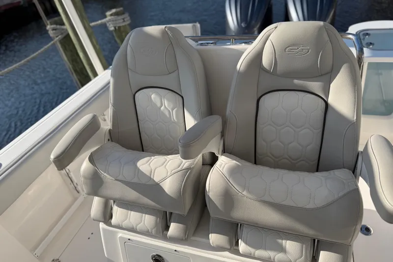  Yacht Photos Pics Luxurious seating on 2022 Sea Fox 288 Commander boat, featuring plush, ergonomic design.