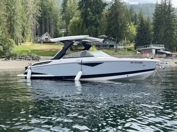  Yacht Photos Pics 2020 Cobalt A29 boat on a serene lake with forested shoreline.