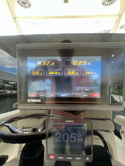  Yacht Photos Pics Cobia 350 boat dashboard with Yamaha and Garmin displays, 2020 model.