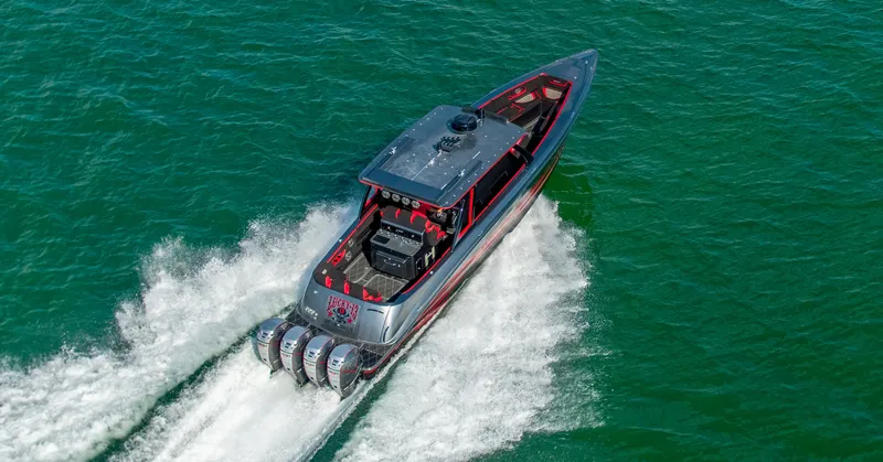  Yacht Photos Pics Sleek 2021 Concept 44' Open Deck boat cruising on open water.