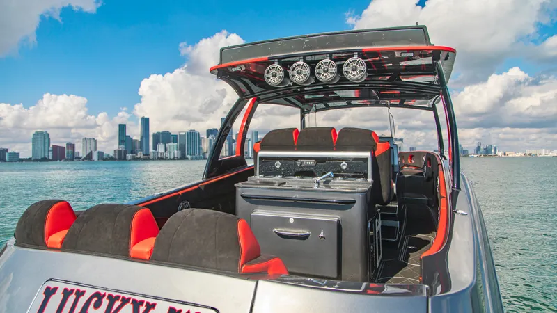  Yacht Photos Pics Luxury Concept 44' Open Deck boat, 2021 model, with sleek design and city skyline backdrop.