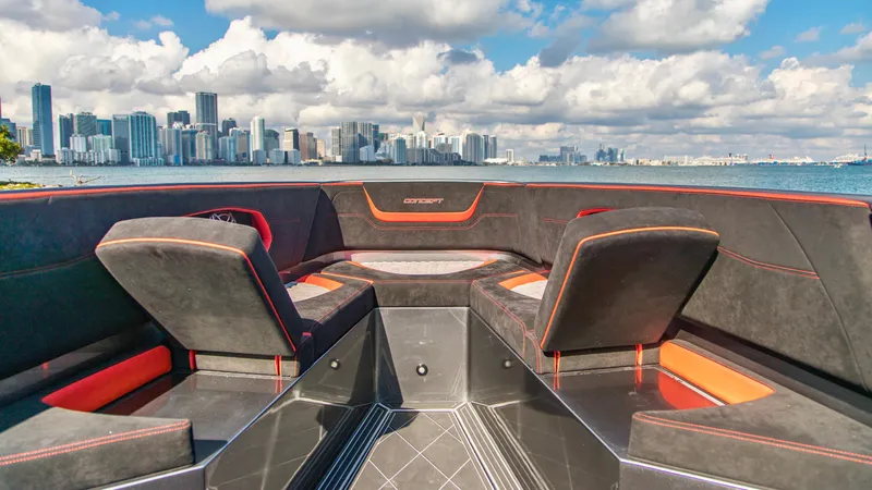  Yacht Photos Pics Luxury Concept 44' Open Deck boat interior with city skyline view, 2021 model.