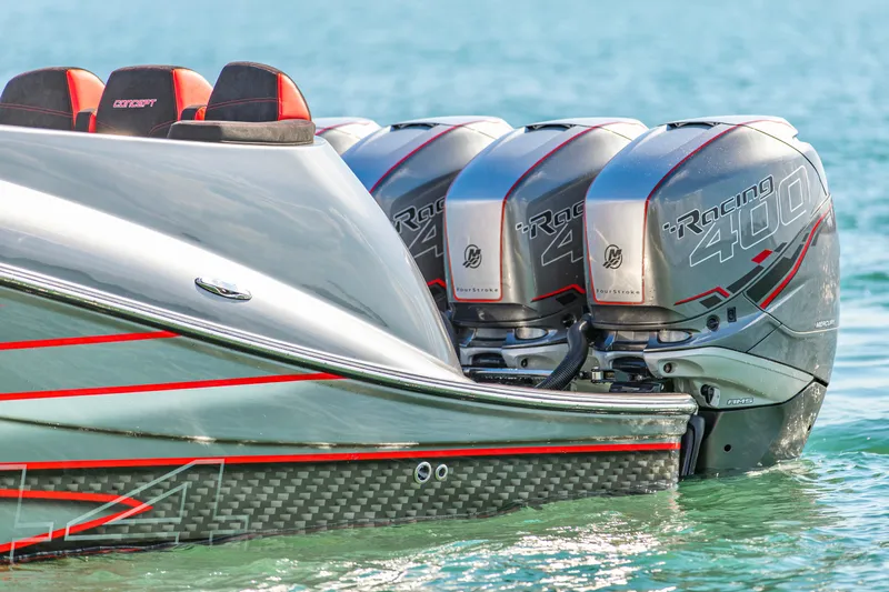  Yacht Photos Pics 2021 Concept 44' Open Deck boat with powerful Racing 400 engines on clear water.