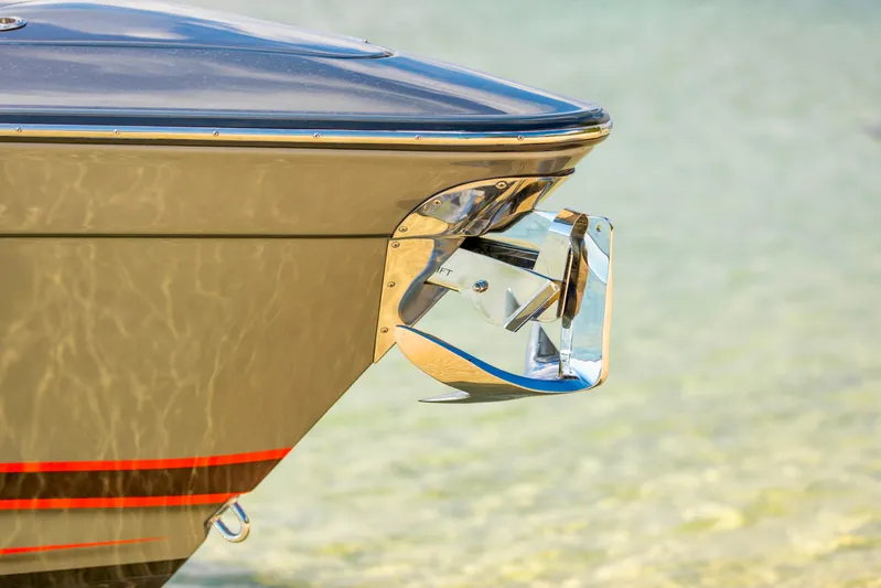  Yacht Photos Pics Bow of 2021 Concept 44' Open Deck boat with chrome anchor detail.