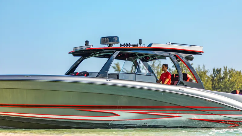  Yacht Photos Pics 2021 Concept 44' Open Deck boat cruising on clear water, featuring sleek design and modern amenities.